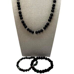 Elegant Black Glass Bead Necklace & Stone Bracelets Set.  C4